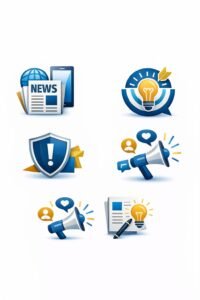 Digital PR and marketing service icons representing media news, brand strategy, reputation protection, influencer outreach, content creation, and public communication, about Creative Fields PR agency.